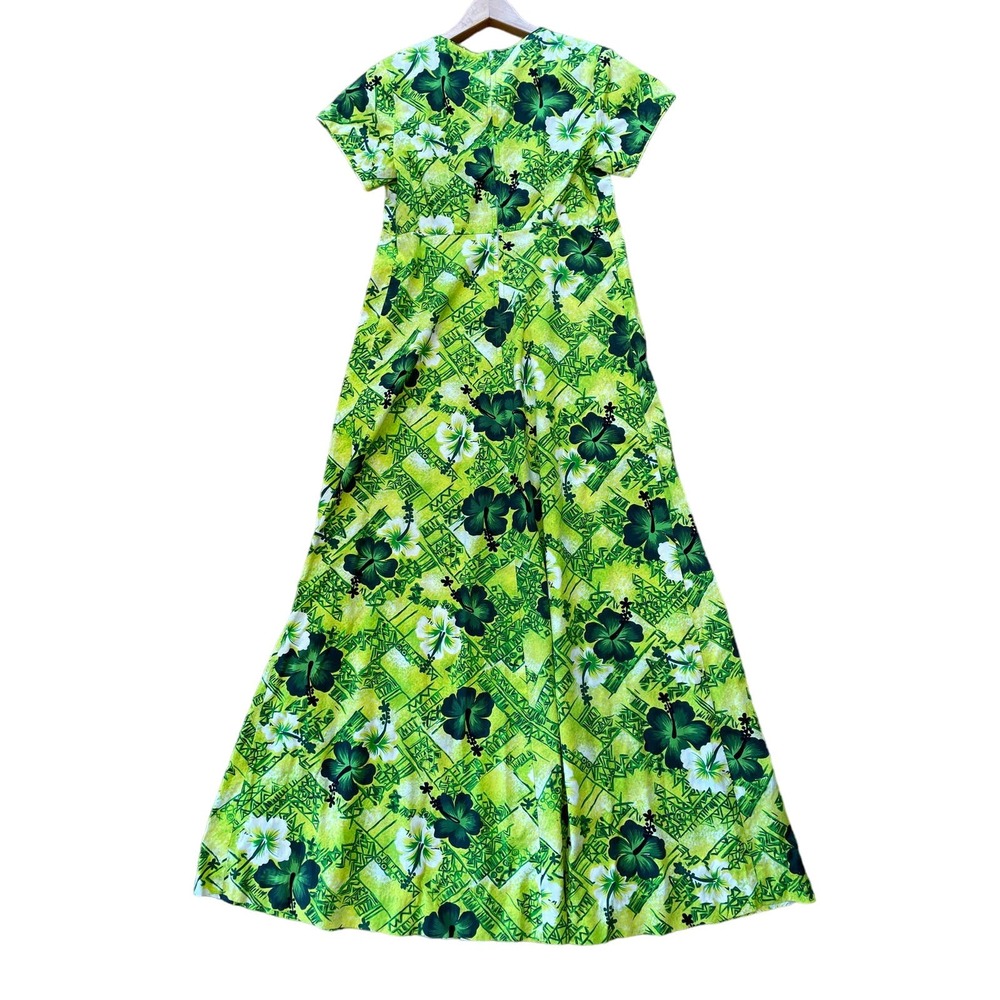 Vintage Hukilau Fashions Hawaiian sz 10 Bright Green hippie retro Dress EUC